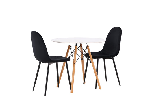 Danburi - Spisebord, Trælook / Trælook MDF + Polar Spisebordsstol - Sorte ben / Sort velour