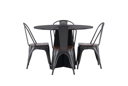 Bootcut - Rundt spisebord, Sort Finér + Tempe Spisebordsstol - Mørkegrå / Mørkebrun MDF