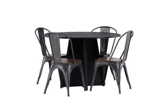 Bootcut - Rundt spisebord, Sort Finér + Tempe Spisebordsstol - Mørkegrå / Mørkebrun MDF