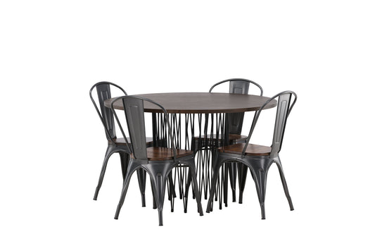 Sten - Rundt spisebord, Sort / Mokka finér + Tempe Spisebordsstol - Mørkegrå / Mørkebrun MDF
