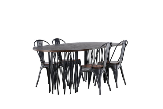 Sten oval - Spisebord, Sort / Mokka finér + Tempe Spisebordsstol - Mørkegrå / Mørkebrun MDF
