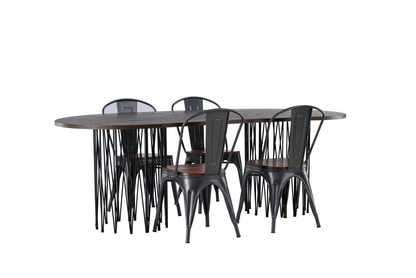 Sten oval - Spisebord, Sort / Mokka finér + Tempe Spisebordsstol - Mørkegrå / Mørkebrun MDF