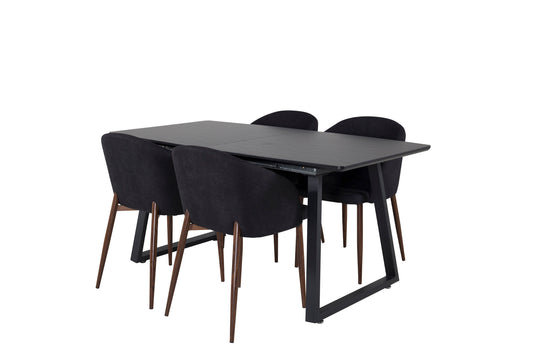 Inca - Bord med forlængelse - Sort top / sort ben+Arch Spisebordsstol - Valnød ben - Sort Stof