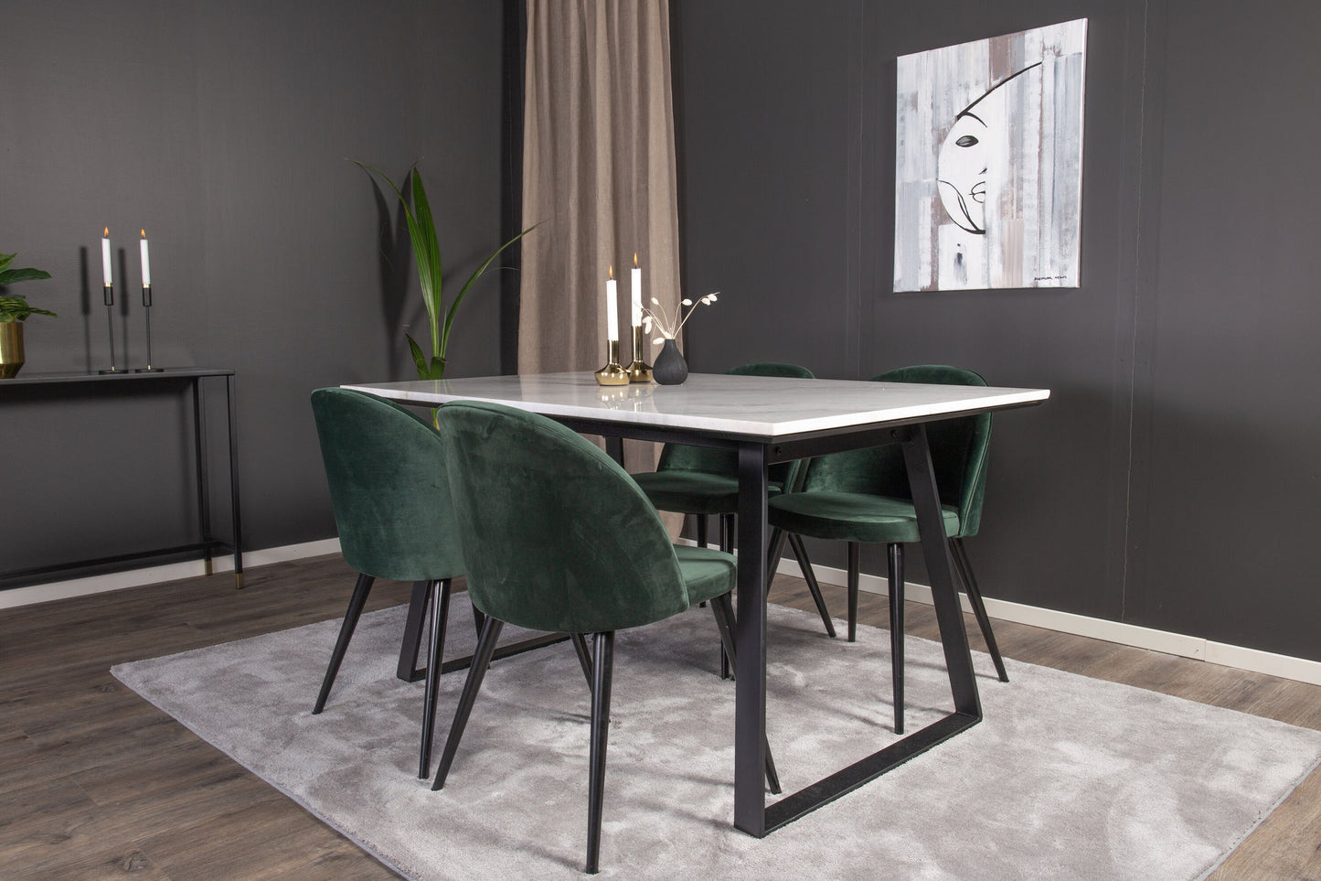 Estelle - Spisebord, 140*90 - Hvid Marmor / Sorte ben - velour Spisebordsstol - Grøn / Sort 4