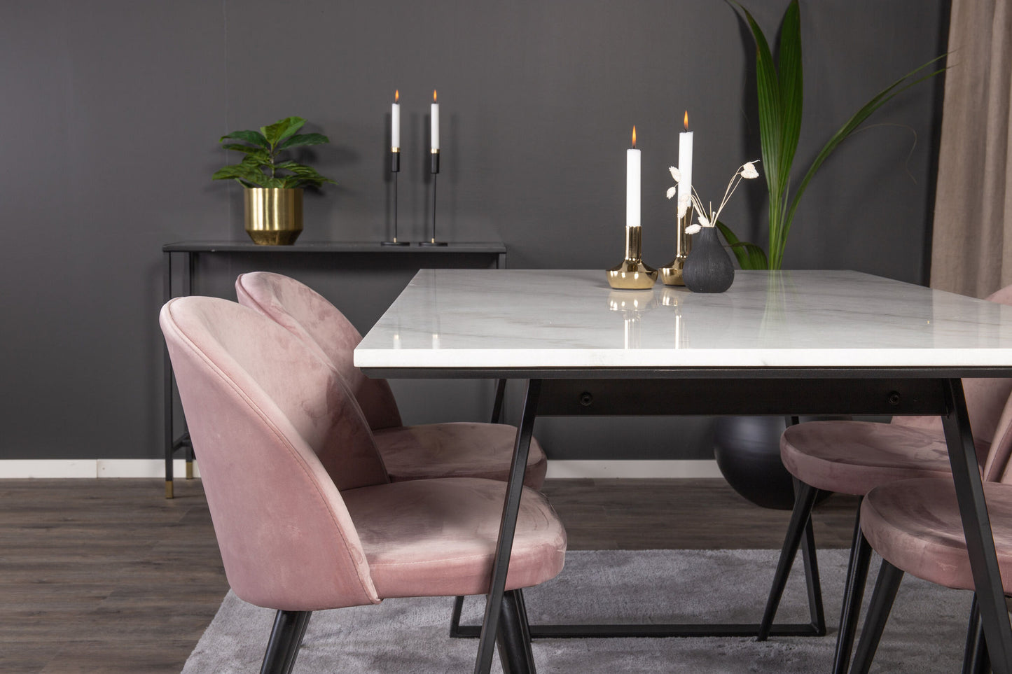 Estelle - Spisebord, 140*90 - Hvid Marmor / Sorte ben - velour Spisebordsstol - Pink / Sort 4