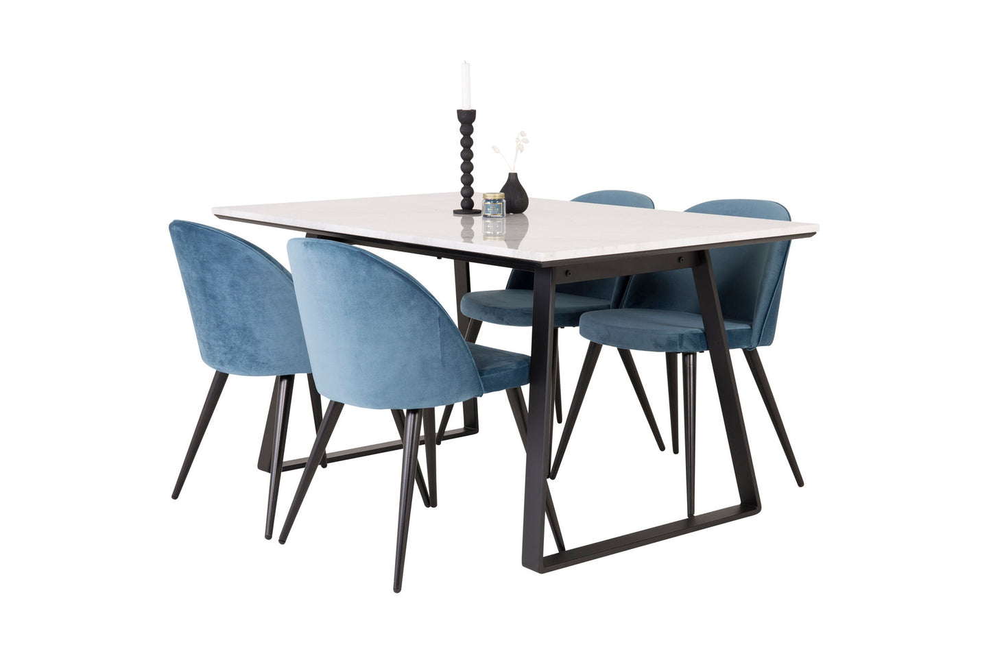 Estelle - Spisebord, 140*90 - Hvid Marmor / Sorte ben - velour Spisebordsstol - Blå / Sort 4