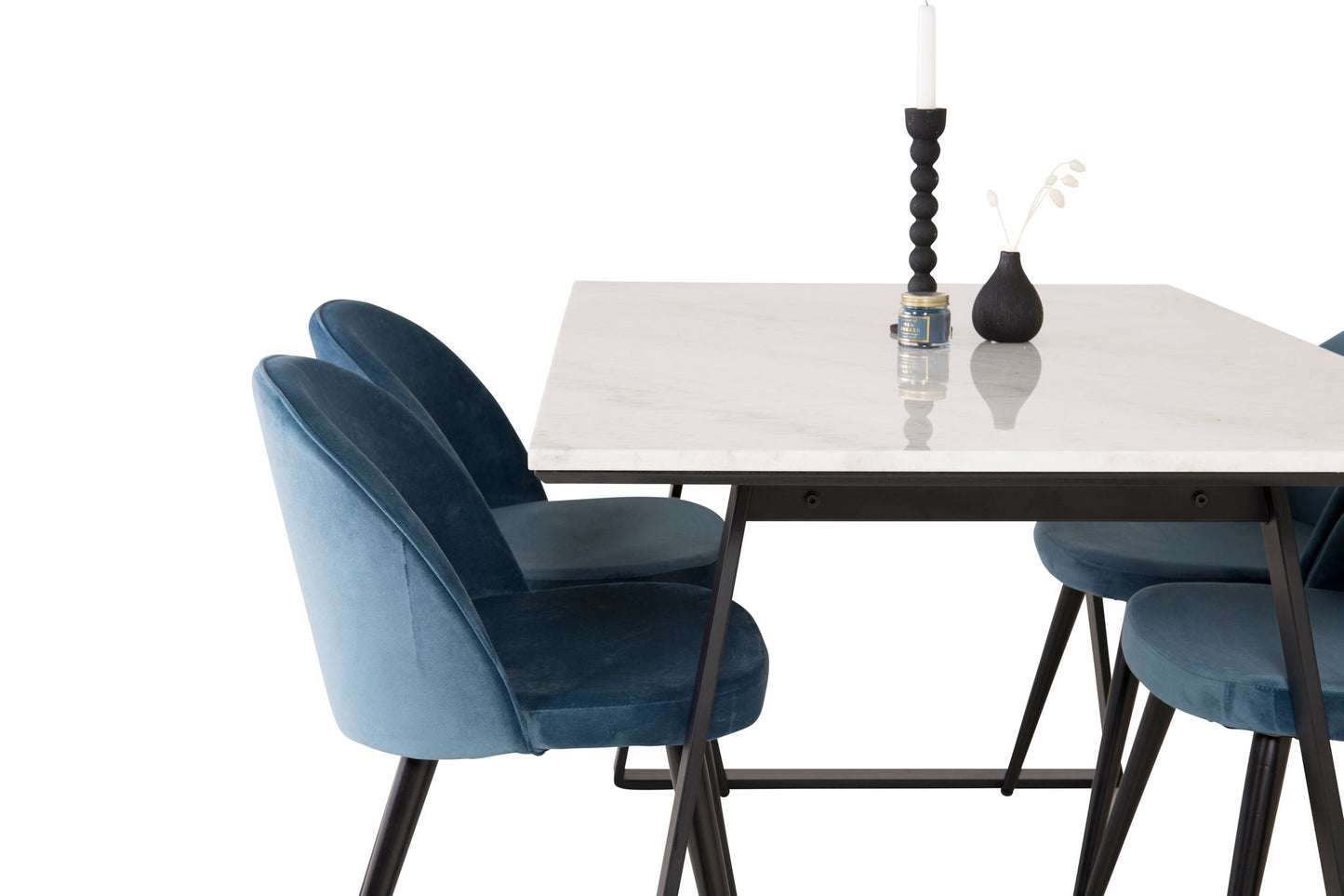 Estelle - Spisebord, 140*90 - Hvid Marmor / Sorte ben - velour Spisebordsstol - Blå / Sort 4