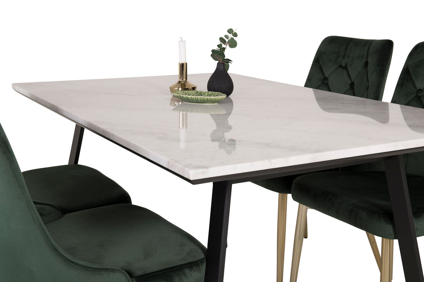 Estelle - Spisebord, 140*90 - Hvid Marmor / Sorte ben - velour Deluxe Stol - Moss Grøn/Mat messing ben 4