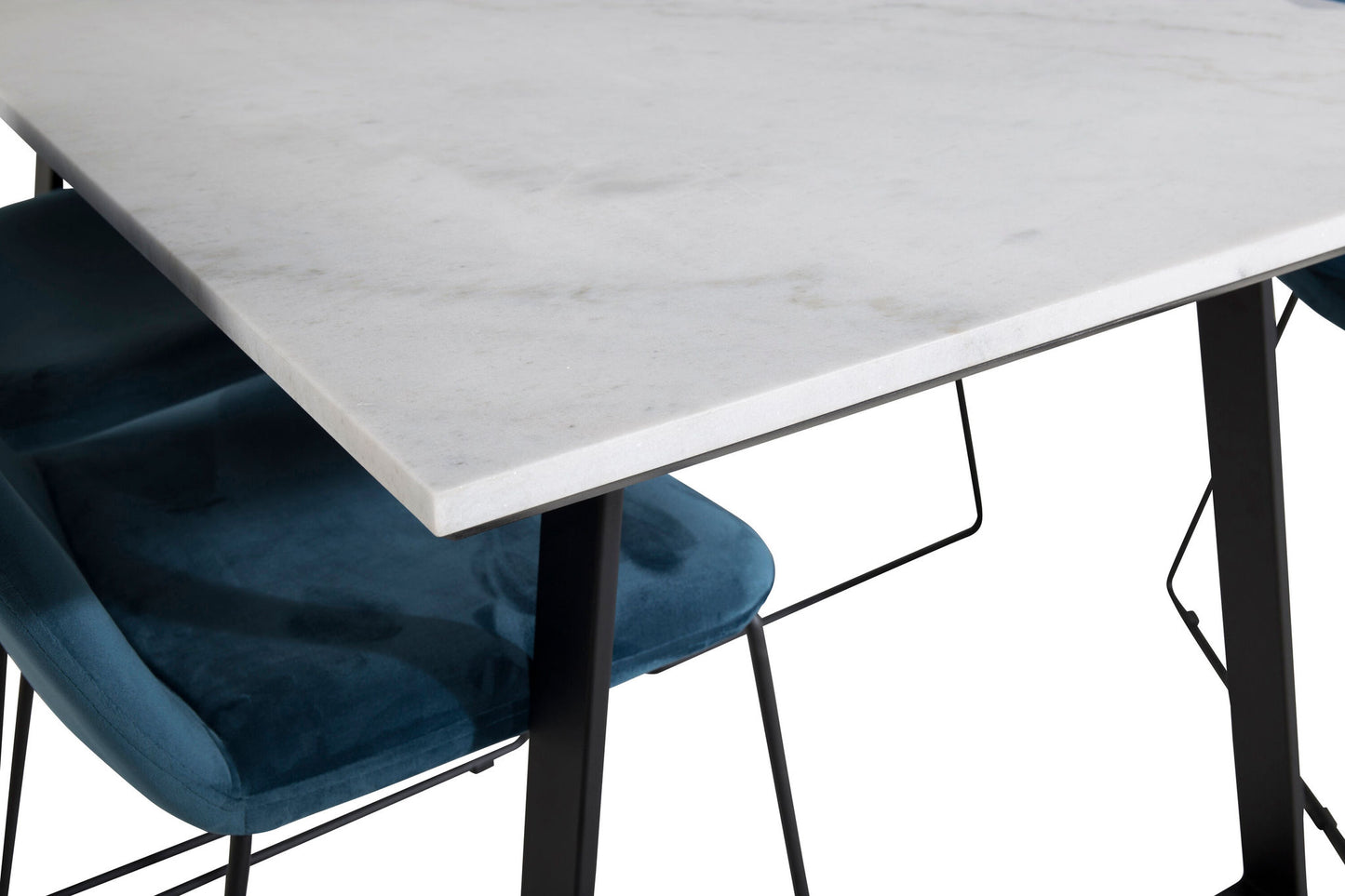 Estelle - Spisebord, 140*90 - Hvid / Sort+ Muce Spisebordsstol - Sorte ben - Blå velour