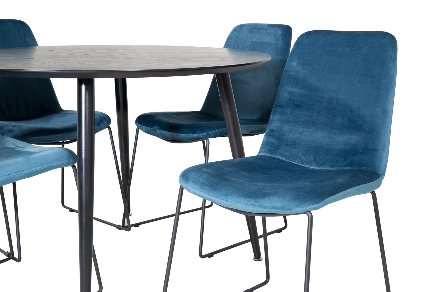 Dipp - Spisebord, 115cm - Sort finér / All sort ben + Muce Spisebordsstol - Sorte ben - Blå velour