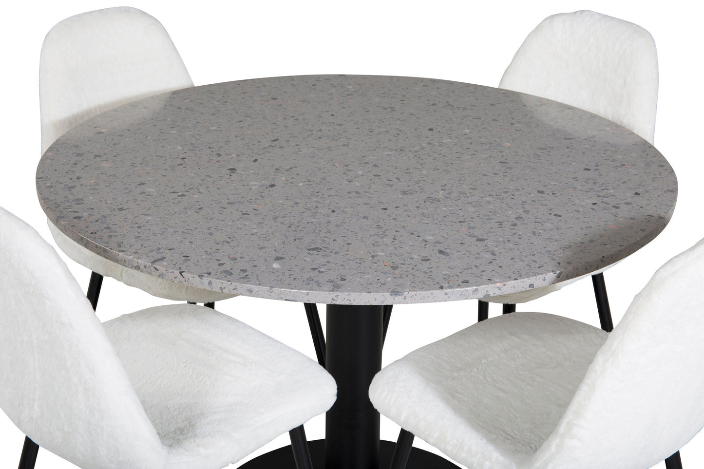 Razzia - Spisebord, ø106cm - Grå / Sort+ Polar Fluff Spisebordsstol - Sorte ben - Hvid Teddy