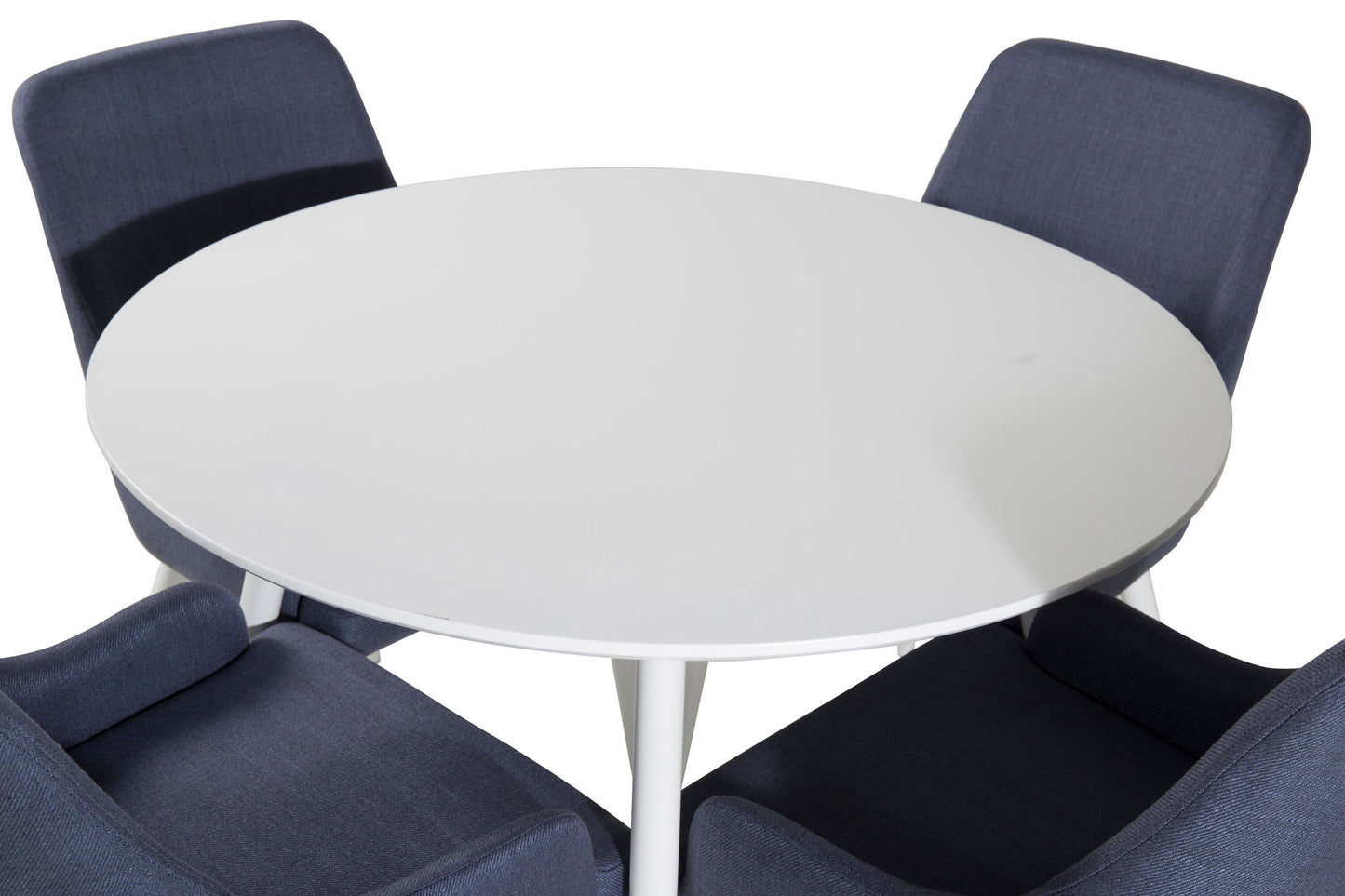 Plaza Rundt Bord 100 cm - Hvid top / Hvide ben+ Plaza Spisebordsstol - Hvide ben - Blåt stof