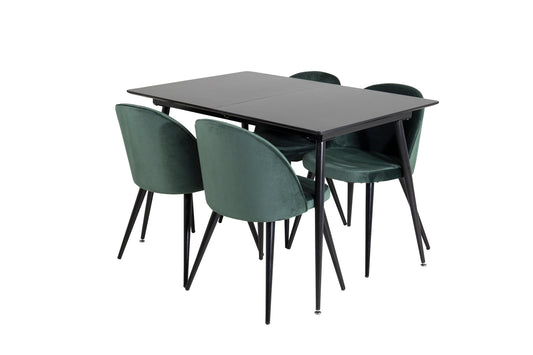 Silar - Bord m. udtræk - Sort Melami / Sorte ben+ velour Spisebordsstol - Grøn / Sort