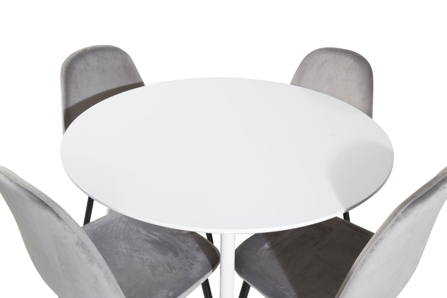 Plaza Rundt Bord 100 cm - Hvid top / Hvide ben+ Polar Spisebordsstol - Sorte ben / Lysegrå velour (ersätter 19902-885)