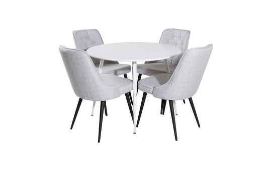 Plaza Rundt Bord 100 cm - Hvid top / Hvide ben+ velour Deluxe Spisebordsstol - Sorte ben - Lysegråt stof