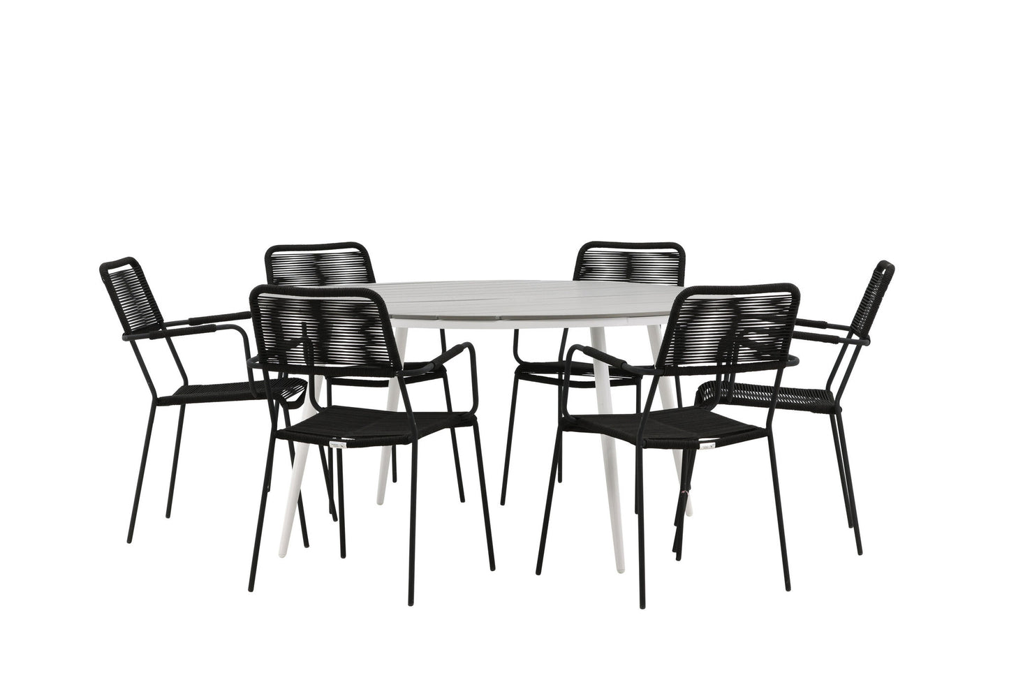 Break - Spisebord, Rundt - Hvid / Grå - Alu / Nonwood - 150ø Lidos Stol m. armlæn - Sort Alu / Sort Reb