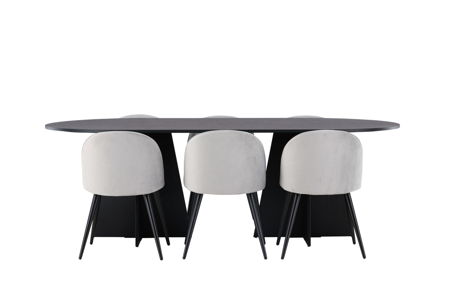 Bootcut - Ovalt spisebord, Sort Finér + velour Spisebordsstol - Lysegrå / Sort