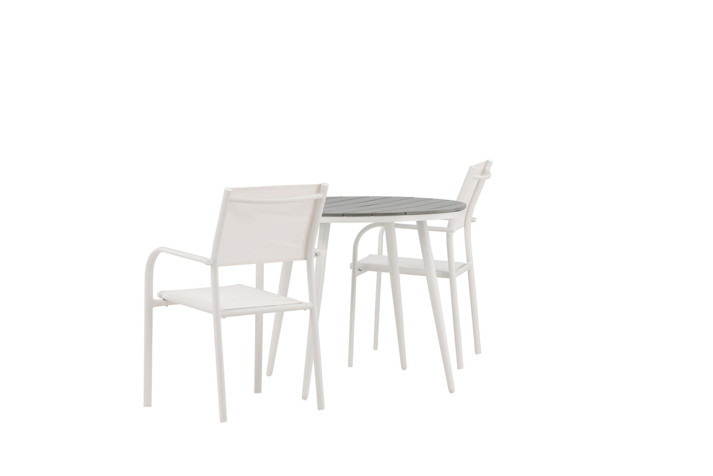 Break - Spisebord, Rundt - Hvid / Grå - Alu / Nonwood - 90ø Santorini Stol m. armlæn (Stabelbar) - Hvid Alu / Hvid Tekstil