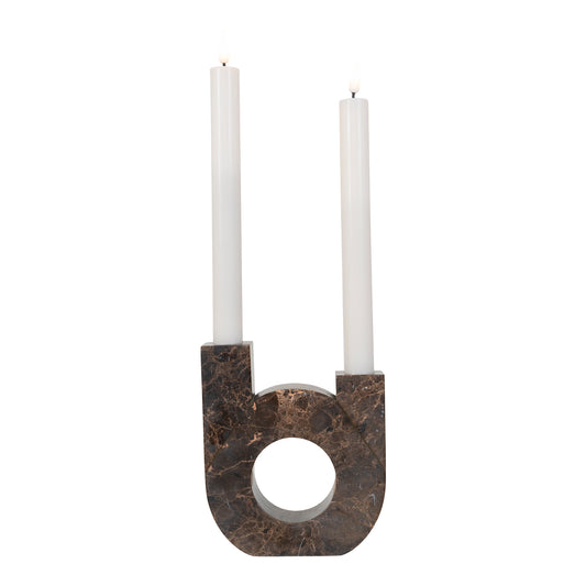 Lysestage - Lysestage i marmor, brun, dobbelt holder, 13x3,5x15 cm