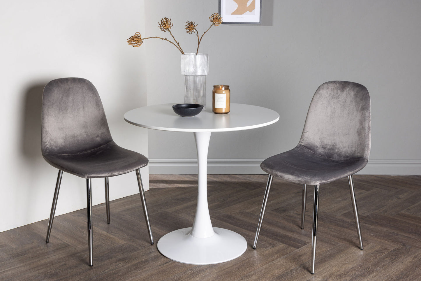 Hamden spisebord - hvid MDF +Eva spisestol - lysegrå / lysegrå fløjl _2