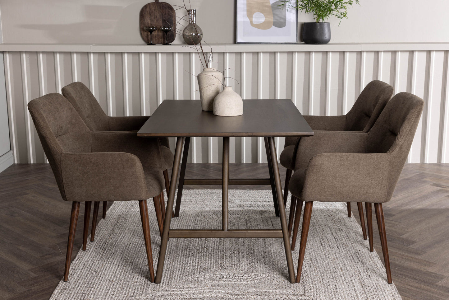 Kaseidon Spisebord - Rumbertræ / mørkebrun MDF +Tomorrow Spisestol - Mørk valnød / mørkegrå / brunt stof _4