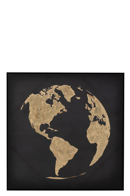 Maleri world globe træ/kanvasguld/sort