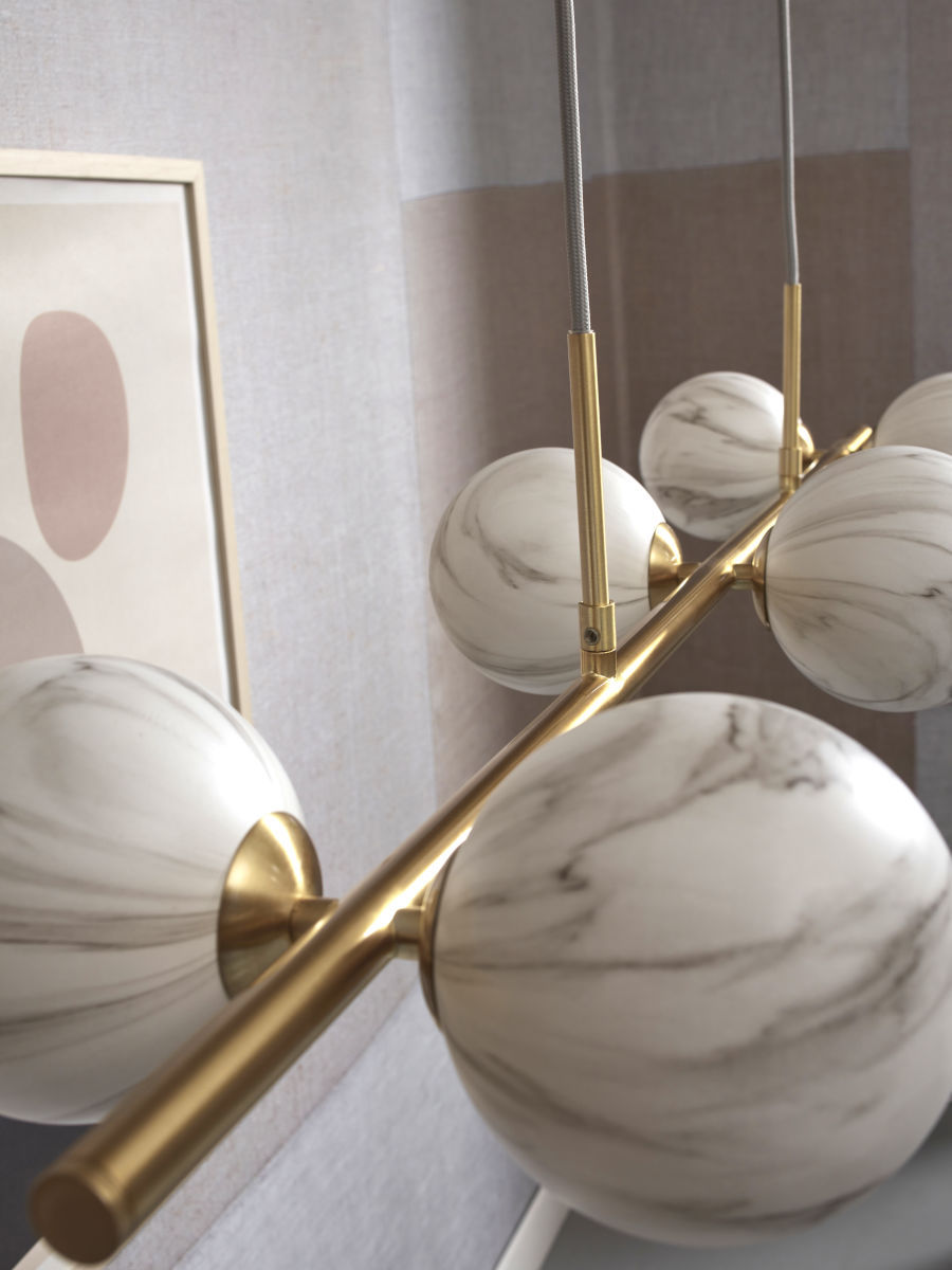 Hængelampe Carrara 6-globe, hvid marmorprint/guld