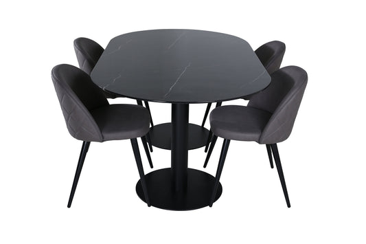 Pillan - Ovalt spisebord, Sort glas Marmor+ velour syninger Stol - Sort / Grå mikrofiber