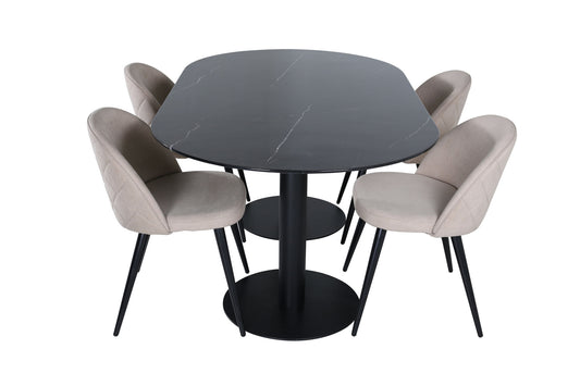 Pillan - Ovalt spisebord, Sort glas Marmor+ velour syninger Stol - Sort / Beige Stof (Polyester lined)