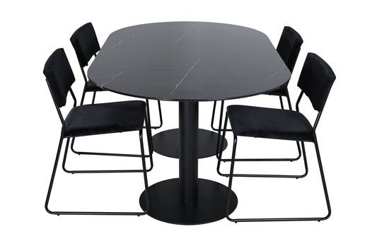 Pillan - Ovalt spisebord, Sort glas Marmor+ Kenth Stol, Sort velour