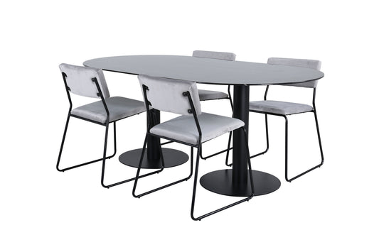 Pillan - Ovalt spisebord, Sort glas Marmor+ Kenth Stol, Sort Lysegrå velour