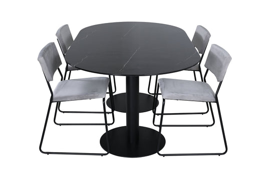 Pillan - Ovalt spisebord, Sort glas Marmor+ Kenth Stol, Sort Lysegrå velour