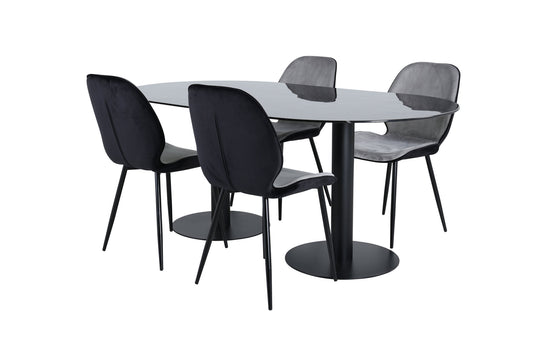 Pillan - Ovalt spisebord, Sort glas Marmor+Emma Stol, Sort og Lysegrå Sort velour i Back Grå velour i front