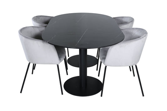 Pillan - Ovalt spisebord, Sort glas Marmor+Berit Stol, Sort Lysegrå velour