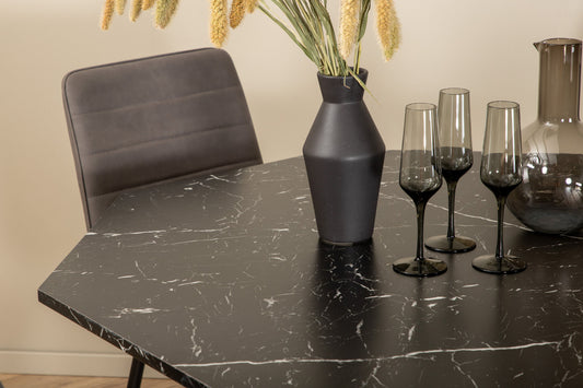 Marbs - Rundt spisebord, Sort glas Marmor+Widu Lyx Stol - Sort / Grå mikrofiber