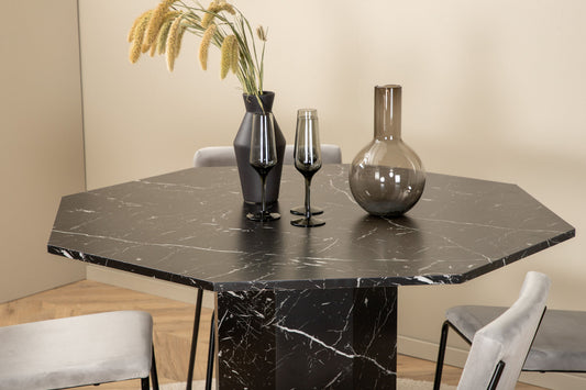 Marbs - Rundt spisebord, Sort glas Marmor+ Kenth Stol - Sort / Lysegrå velour