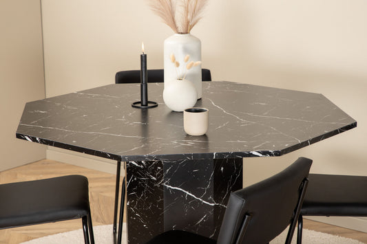 Marbs - Rundt spisebord, Sort glas Marmor+ Kenth Stol - Sort PU