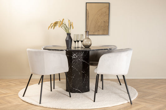 Marbs - Rundt spisebord, Sort glas Marmor+Berit Stol - Sort / Lysegrå velour
