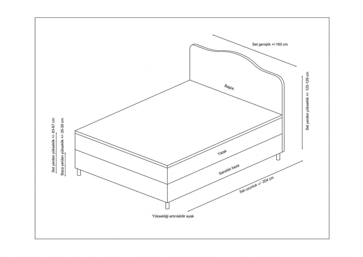 Vassi - Kontinentalseng, 150 x 200 - Grå - Dobbelt madras, base & sengegavl
