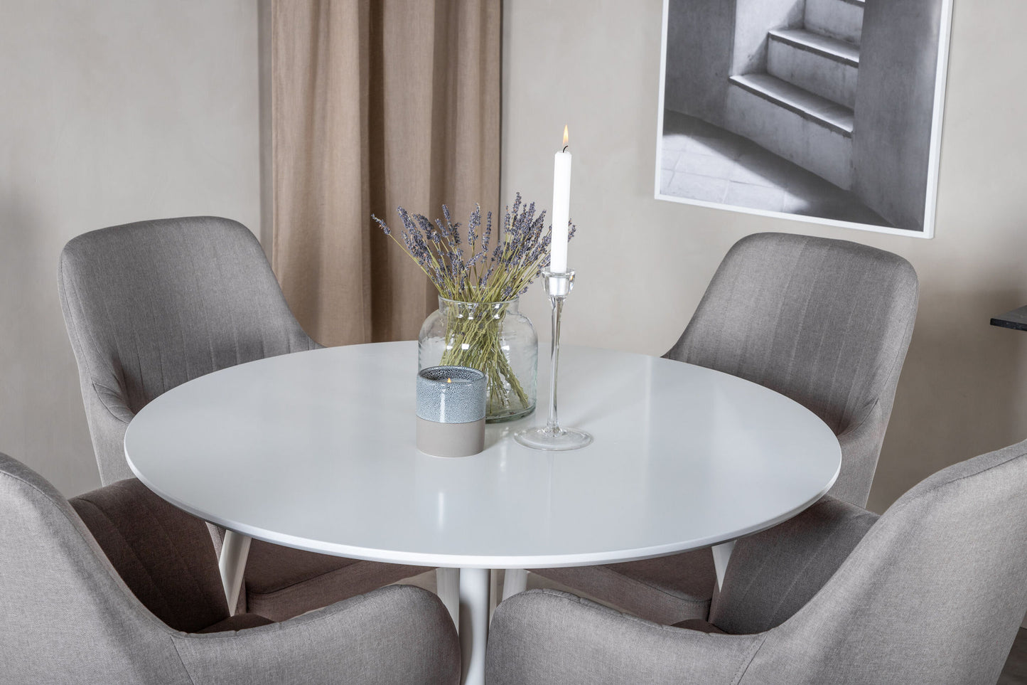 Plaza Round Table 100 cm - Hvide top / hvide ben +komfortstol 2 -pakke polargrå - Hvide ben _4