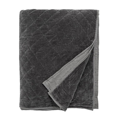 Quiltet sengetæppe i velour - 220x270 cm - mørkegrå