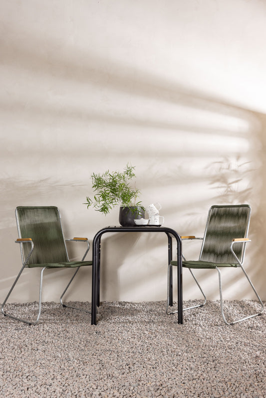 Borneo - Cafébord, Aluminium - Sort / Kvadrat 70*70* + Bois stol Stål - Sølv / Grøn Reb