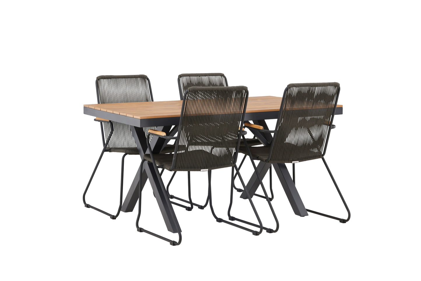 Garcia - Spisebord, Aluminium - Sort / Rektangulær 90*150* + Bois stol Stål - Sort / Mørkegråt Reb
