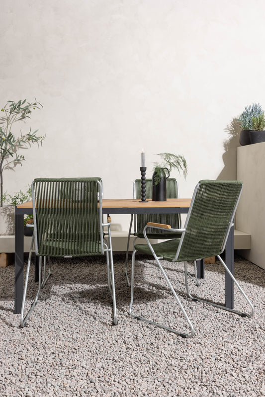Break - Spisebord, Aluminium - Sort / Natur Rektangulær 90*150* + Bois stol Stål - Sølv / Grøn Reb