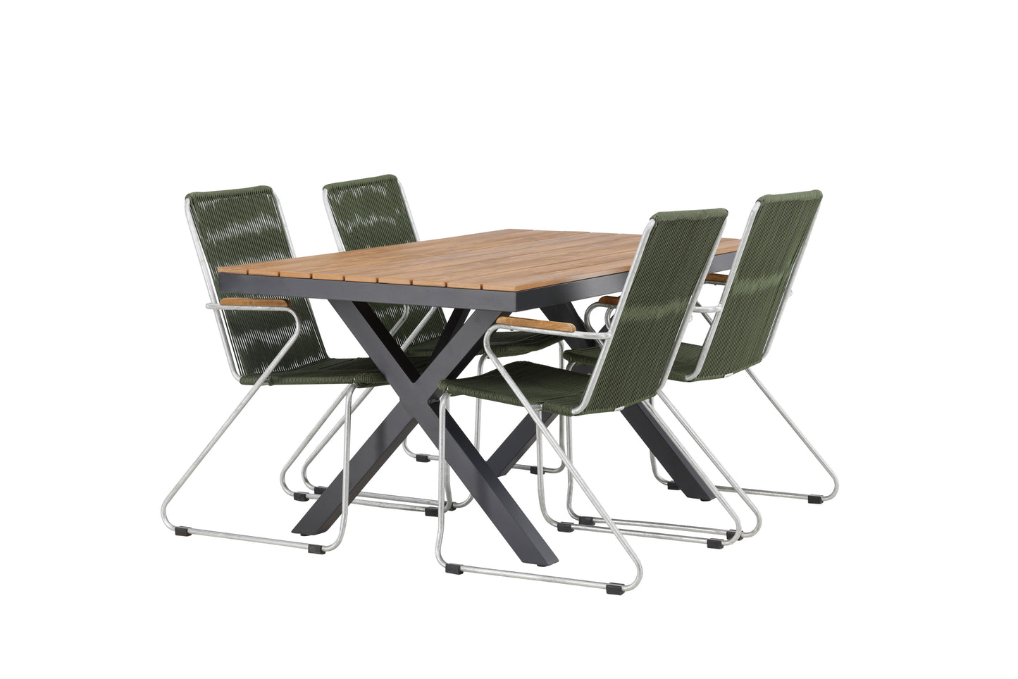 Garcia - Spisebord, Aluminium - Sort / Rektangulær 90*150* + Bois stol Stål - Sølv / Grønt Reb