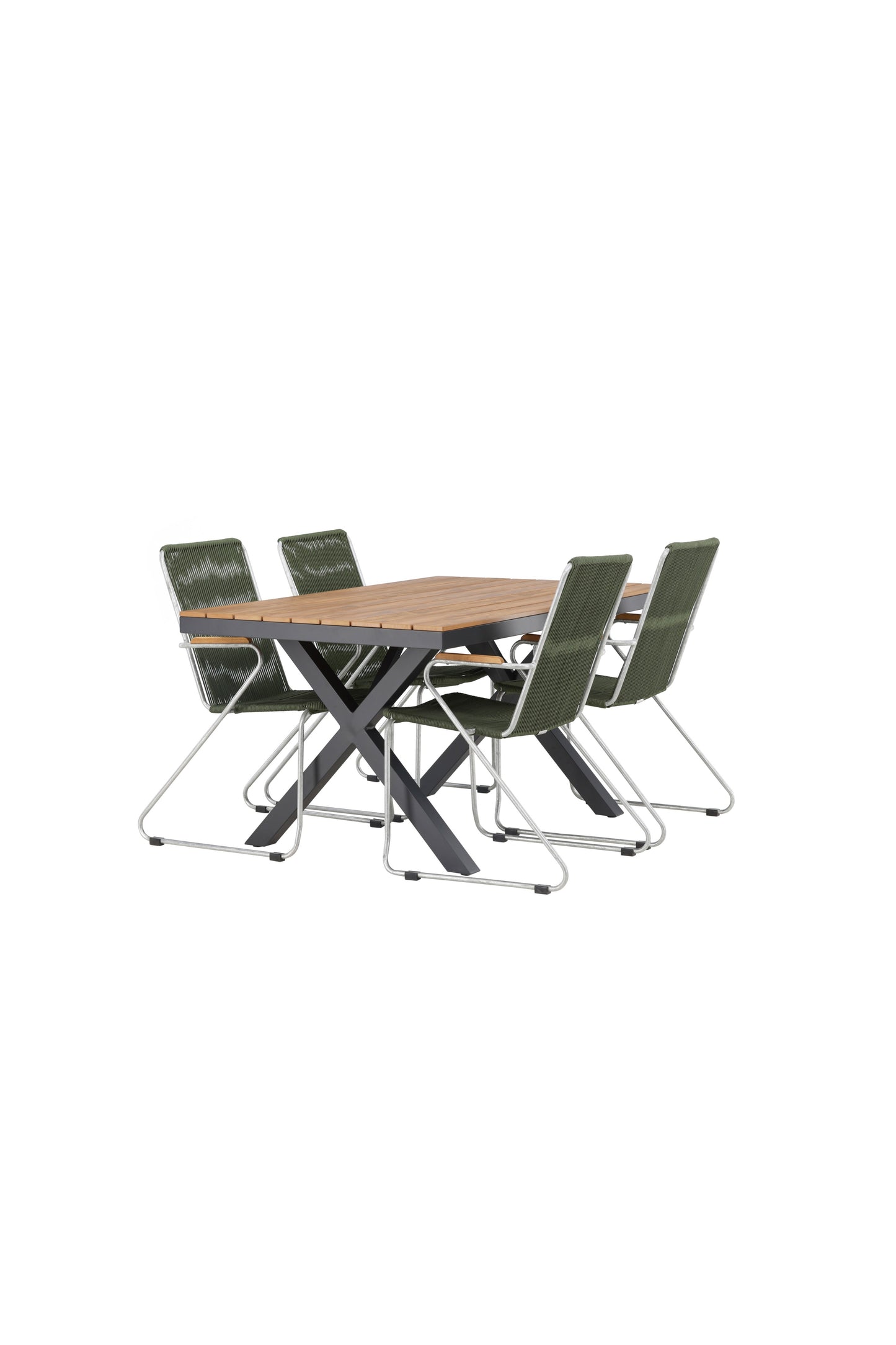 Garcia - Spisebord, Aluminium - Sort / Rektangulær 90*150* + Bois stol Stål - Sølv / Grønt Reb
