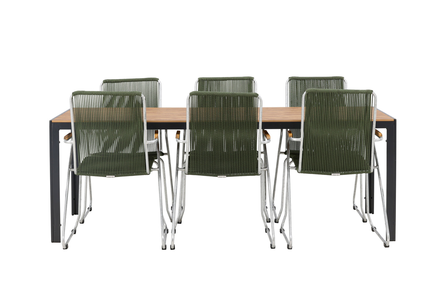 Break - Spisebord, Aluminium - Sort / Natur Rektangulær 90*200* + Bois stol Stål - Sølv / Grøn Reb