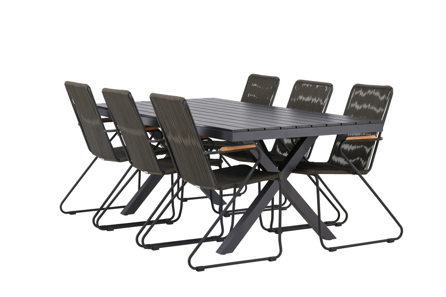 Garcia - Spisebord, Aluminium - Sort / Rektangulær 100*200* + Bois stol Stål - Sort / Mørkegråt Reb