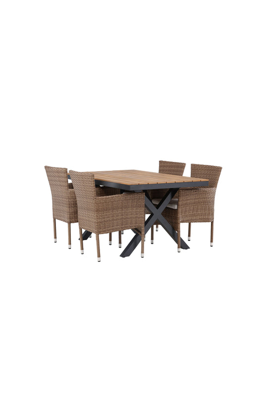 Garcia - Spisebord, Aluminium - Sort / Rektangulær 90*150* + Malia stol Aluminium - Natur / flet