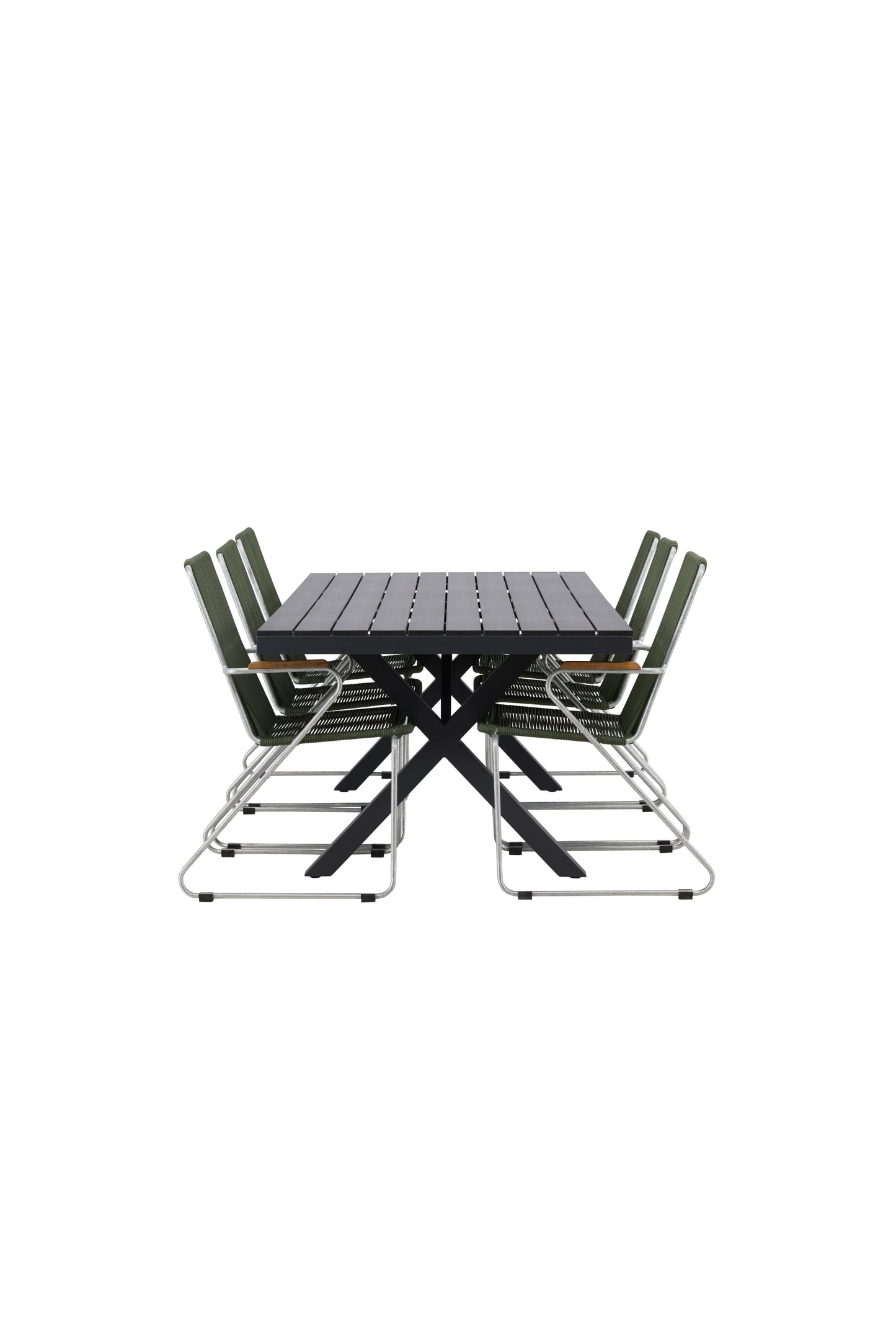 Garcia - Spisebord, Aluminium - Sort / Rektangulær 100*200* + Bois stol Stål - Sølv / Grønt Reb